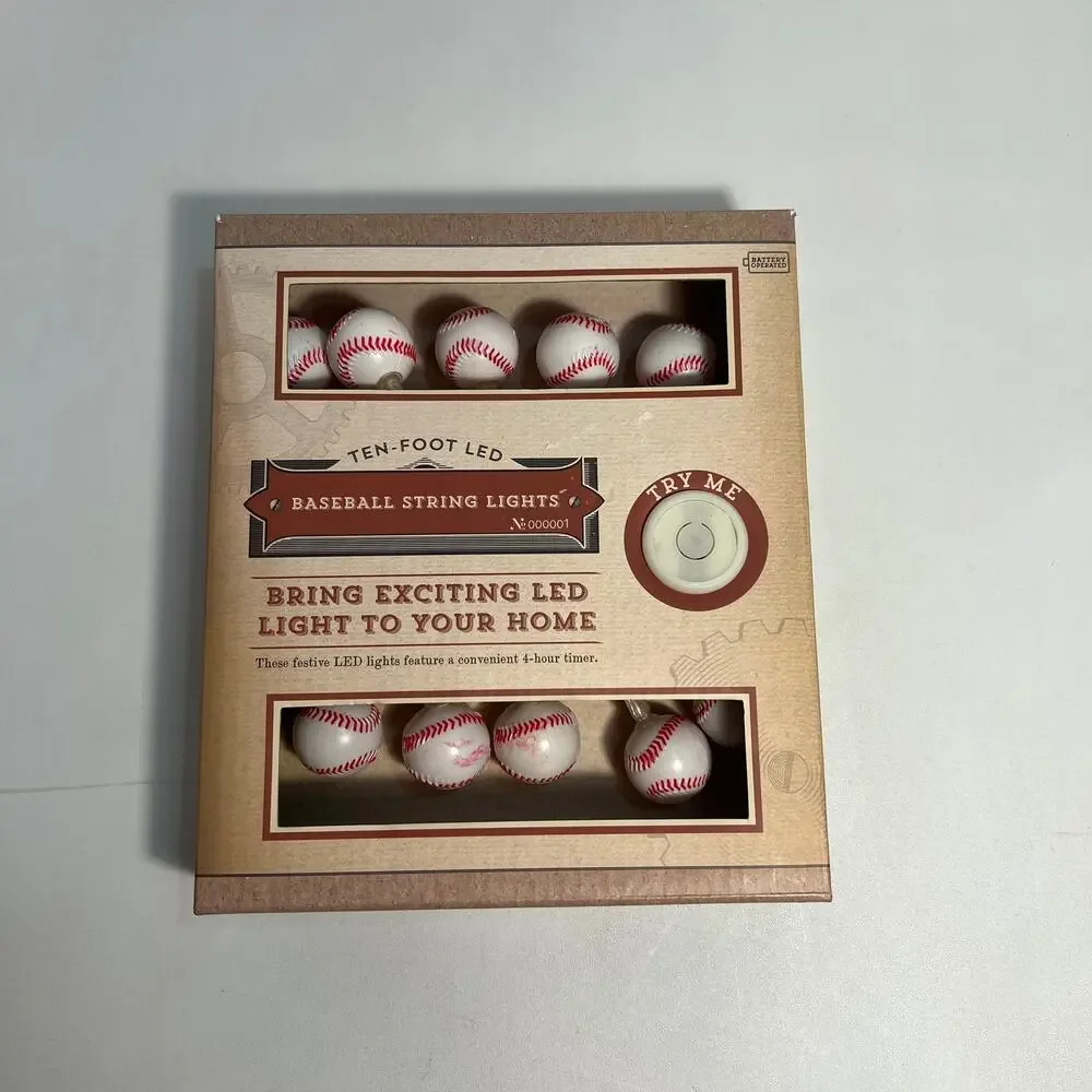 New In Box LED BASEBALL String Lights 4 Hour Timer 10 Foot Long Party Novelty